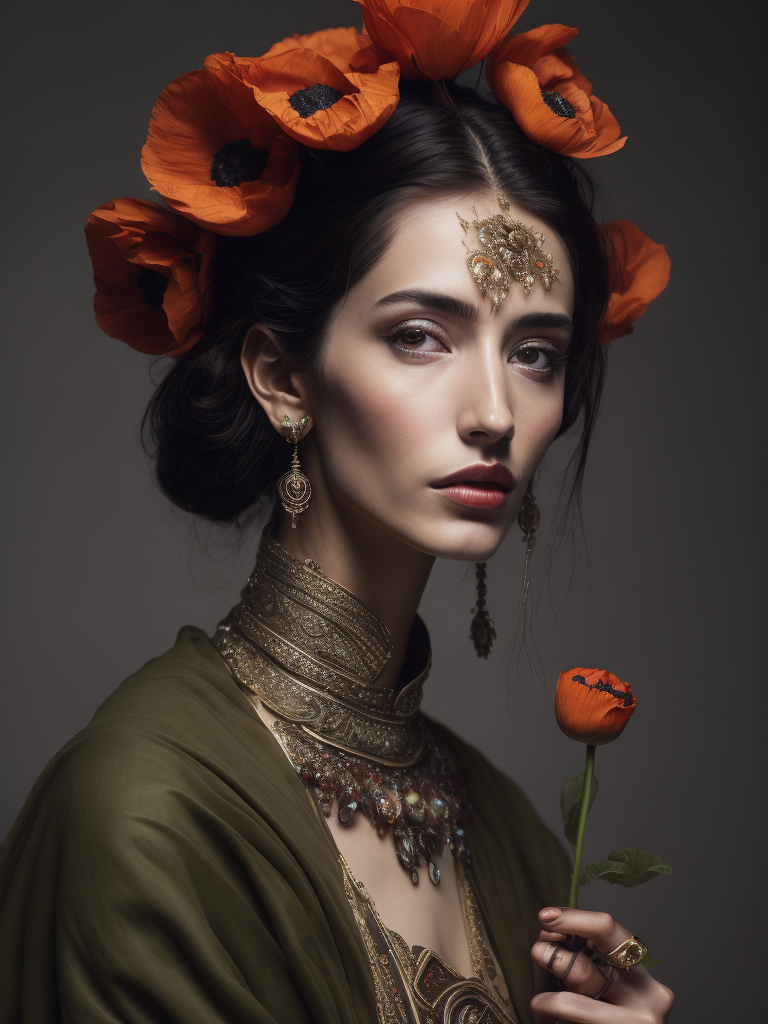 Giuseppe Scuderi, ultrafine detailed painting of a woman with an opium poppy flower in hir hair, whimsical, detailed painting