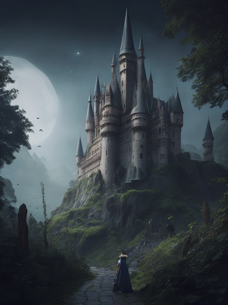 Create a whimsical fairy-tale scene with a castle, fairies, and a mystical forest