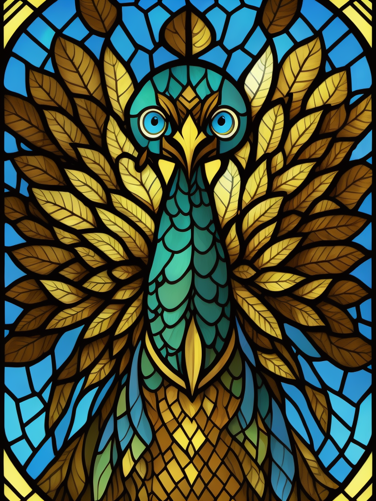 Stained glass smiling peacock, geometric lines, art deco, symmetrical gold tone