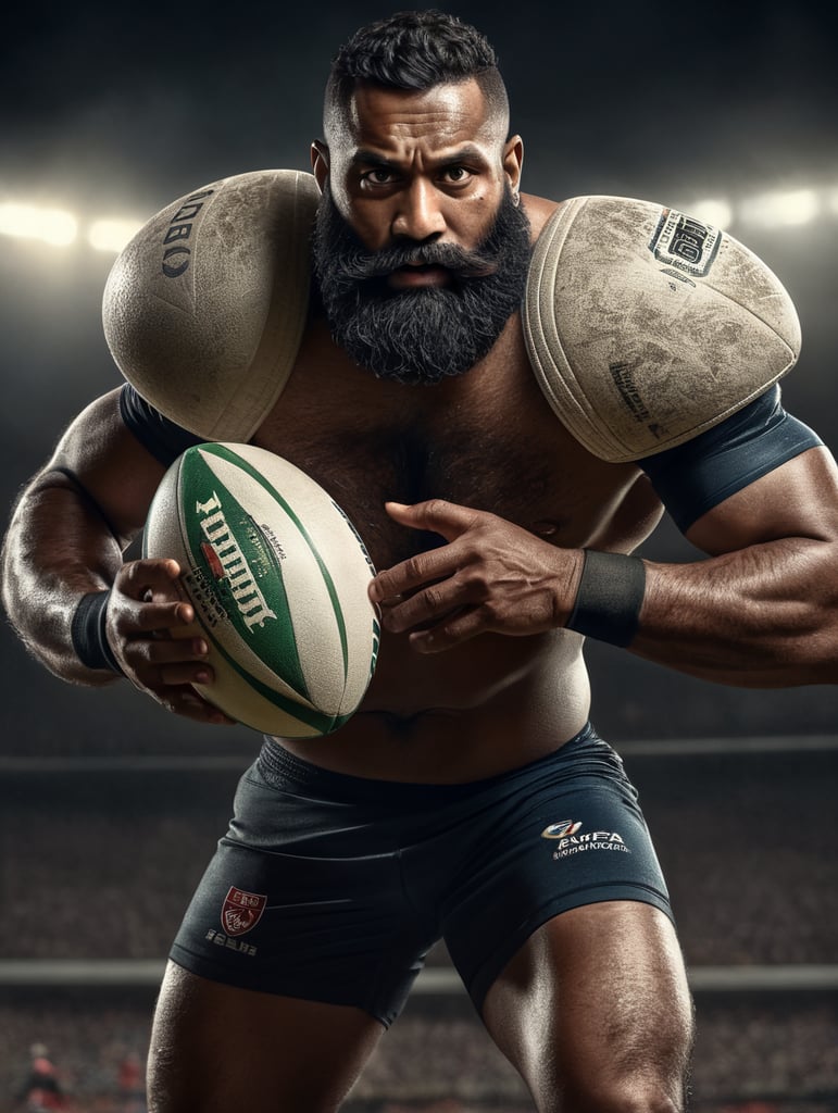 Fijian Rugby Player with long beard holding rugby ball, action pose