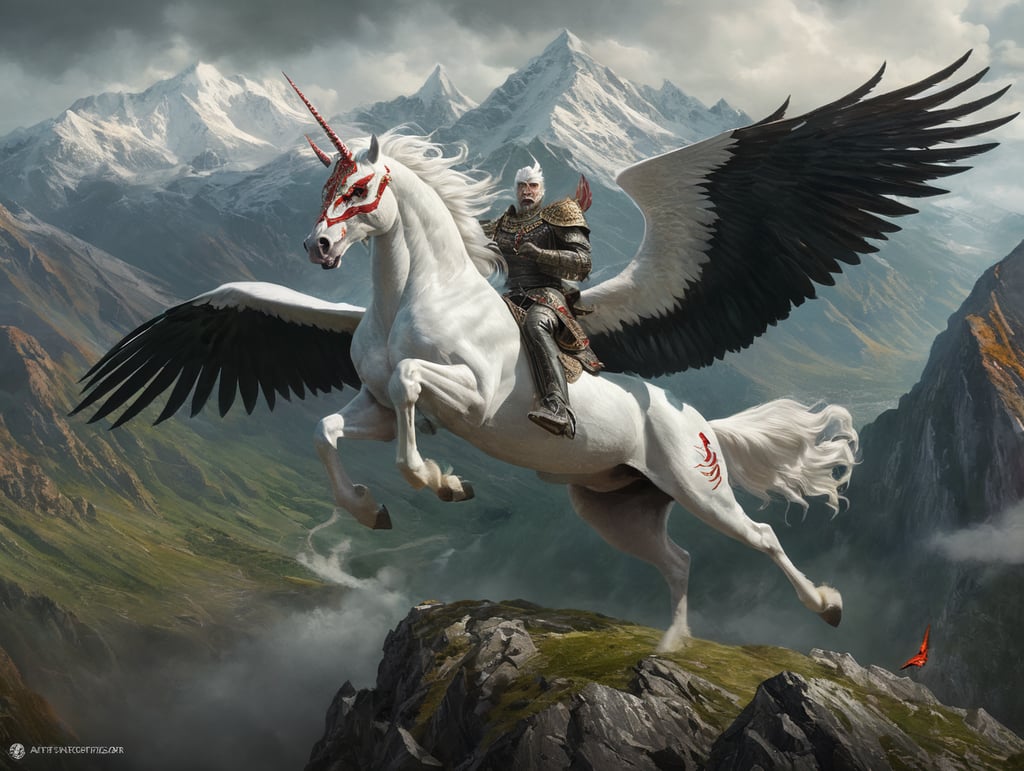 white flying alicorn with red eyes fighting a black flying alicorn with green eyes with mountains in the background