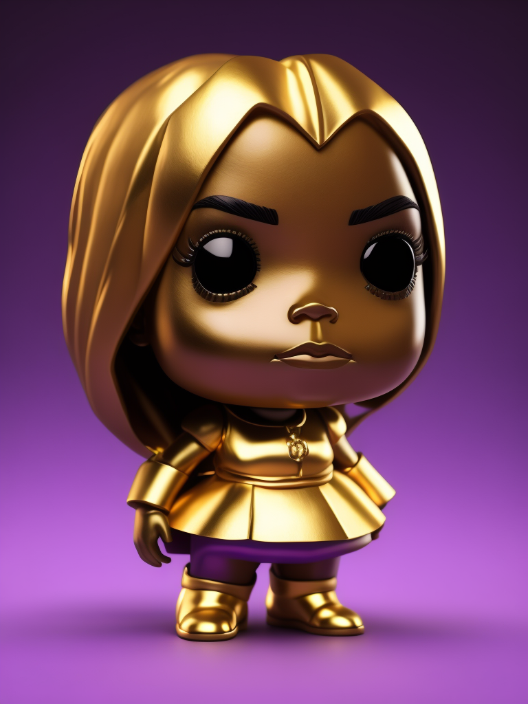 Full body Plastic figurine of of beyoncé with gold hair, gold dress, gold boots, 3d octane render, funko pop, violet background, vibrant colors