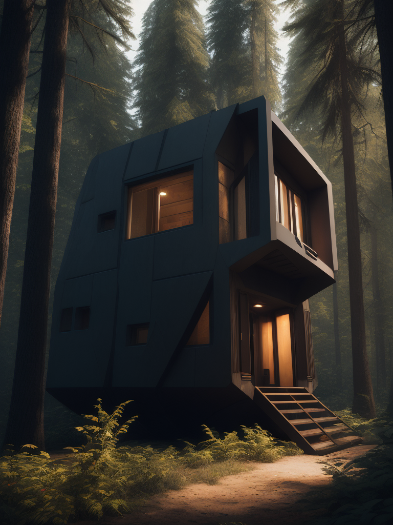 A photo of futuristic module one bedroom cubical house, deep atmosphere, in the forest, wilderness, wild nature