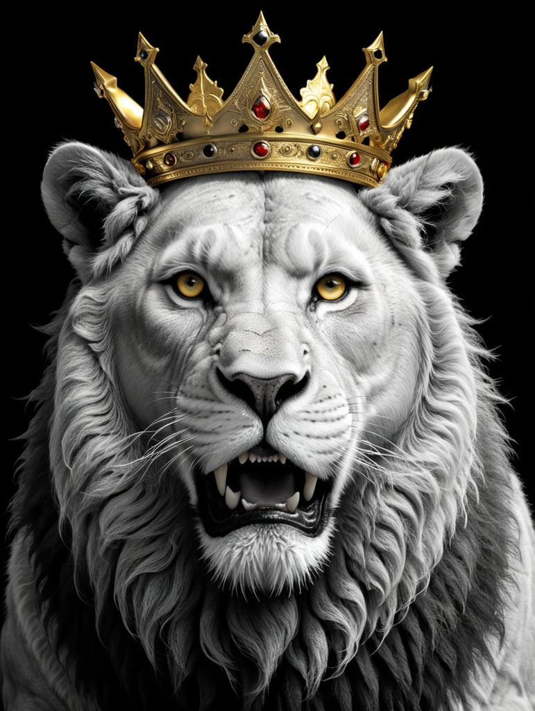 a black and white, highly detailed sketch, the imponent face of a lion with a golden crown on his head, black and white image, sketch, narrow lines, black lines, white background