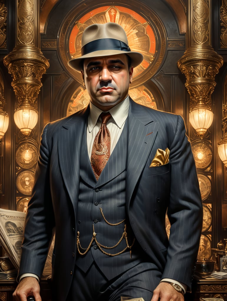 A portrait of Al Capone in his signature pinstripe suit, highly detailed, realistic rendering, vintage sepia tones, digital painting, trending on Artstation, art by Greg Rutkowski, Alphonse Mucha, and Norman Rockwell