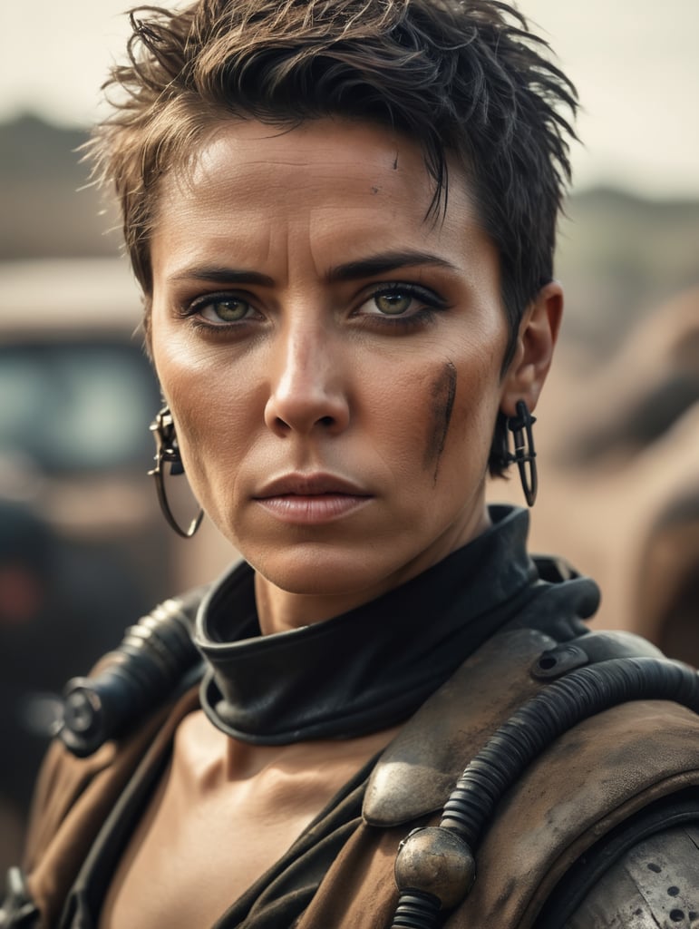 create an image where the protagonist is a woman, a dystopian theme in the style of mad max, with wes anderson as a reference.