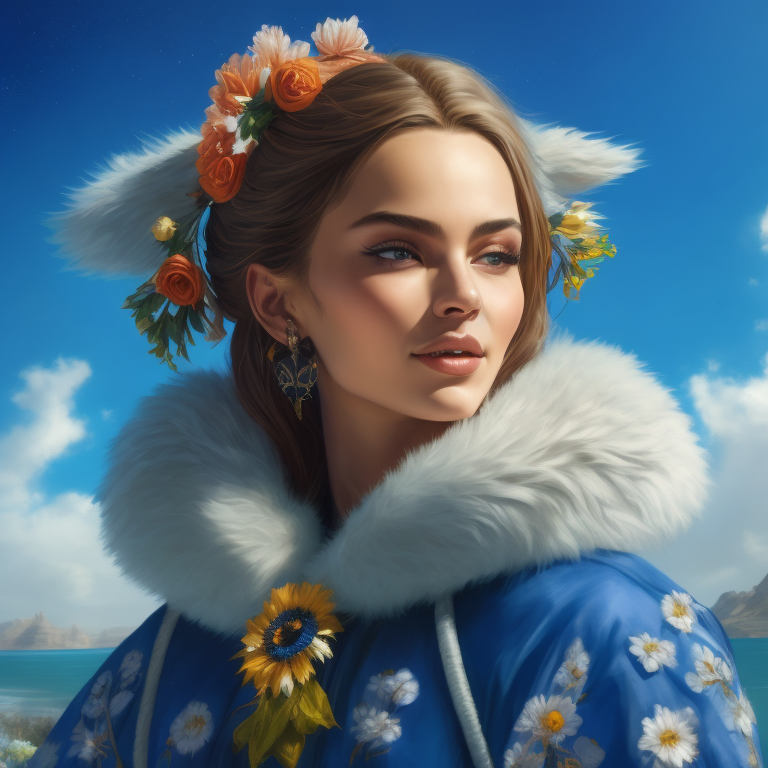 the girl is a smilling smile model, standing tall, dressed in a fur coat, a colorful fur coat, flowers are depicted on the fur coat, a scarf on her head, an elegant pose, blue sky, summer, smears of oil paint, muted color, grain, Joe Madureira's Masterpiece inspired by Magali Villeneuve, Ann Stokes, Luis Royo and WLOP, 8k Ultra HD. --s 250