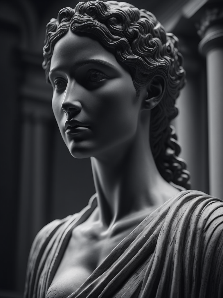 Roman statue of entire woman black and white made of marble