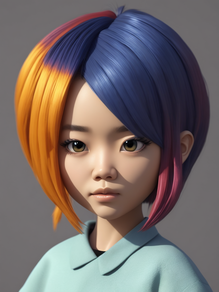 Cute 3d character, korean fashion, colorful hair, blender render, y2k, art toy, creative