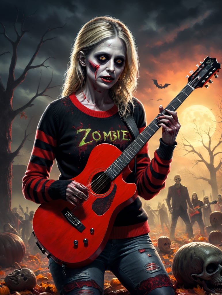 Sara Michelle Gellar as a zombie wearing a red sweater with thick black stipes, playing a guitar, Halloween style, Vivid saturated colors, Contrast color