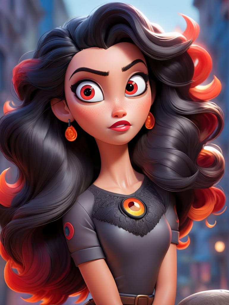 Hot female with red eyes, black hair and built body