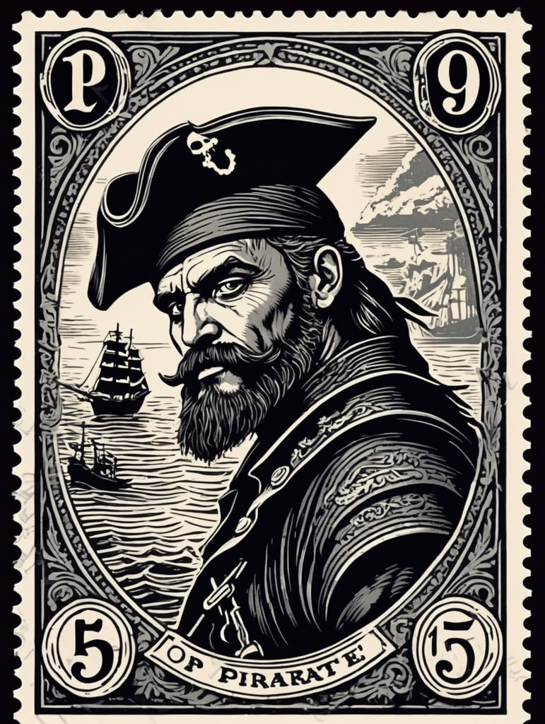 Black and white linocut postage stamp old pirate thick bold dark lines