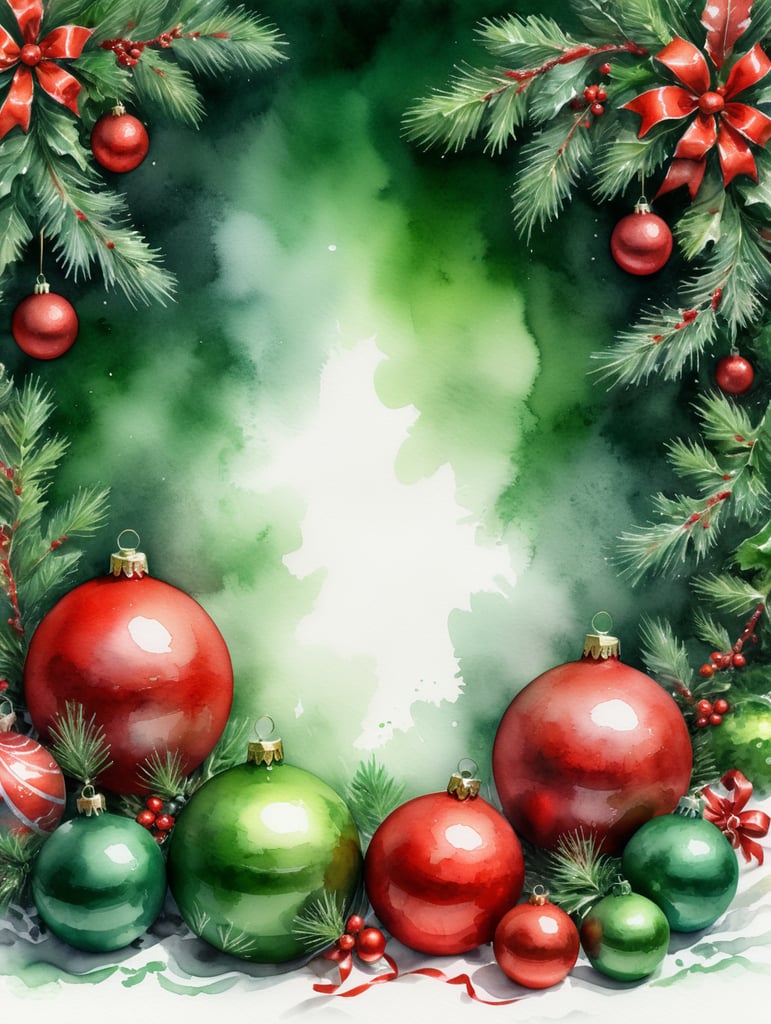 watercolor red and green christmas background with lots of white space and white backdrop