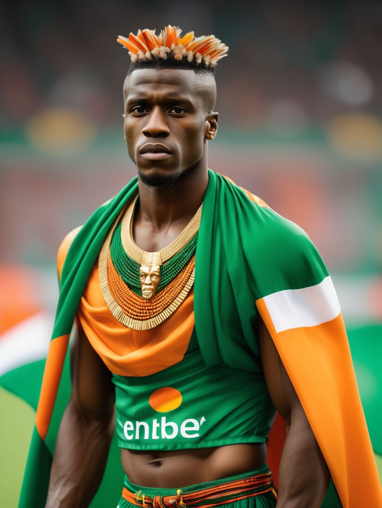 Wilfried Zaha on a stadium, dressed as an African warrior with the flag of the Ivory Coast