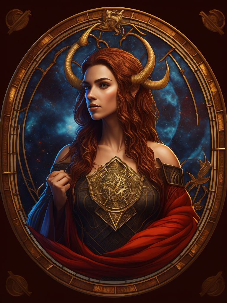 stained glass effect, zodiac sign, aries, woman, beautiful, mystical, reddish background, celestial style