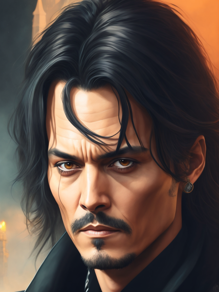 Portrait of Johnny Depp as Count Dracula, majestic look, long hair, mantle, against the backdrop of a medieval castle, detailed background, contrasting light, detailed face, muted tones