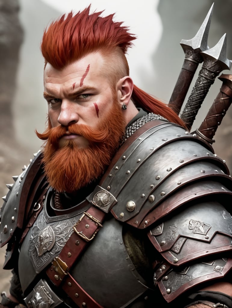 Dungeons and Dragons Dwarf, Barbarian, Red Hair, Mohawk, Long Red Beard, Spiked Armor