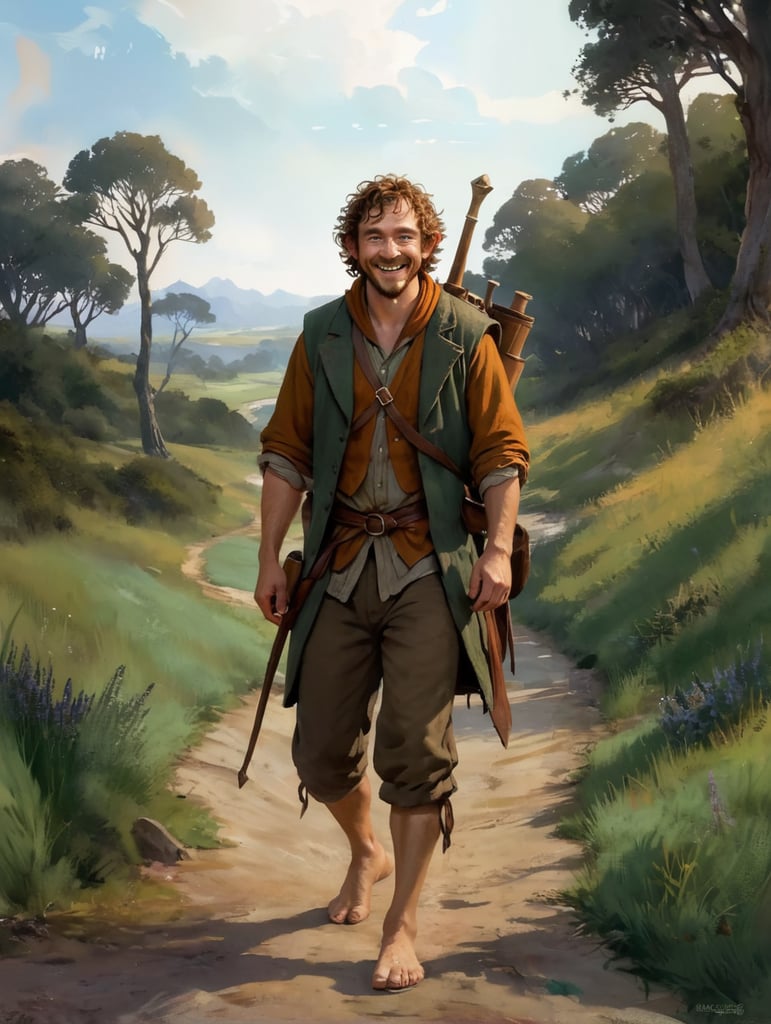 Hobbit man, barefoot, weed pipe, male, man, short, curly brown hair, big smile, freckles, hobbit, fantasy, lord of the rings, tolkien, barefoot, hobbit clothes, the shire, lord of the rings movies, smart, intelligent, happy, cloak, cowl, hunter bow, bounty hunter, leather vest, stealthy, spy, secret, rogue