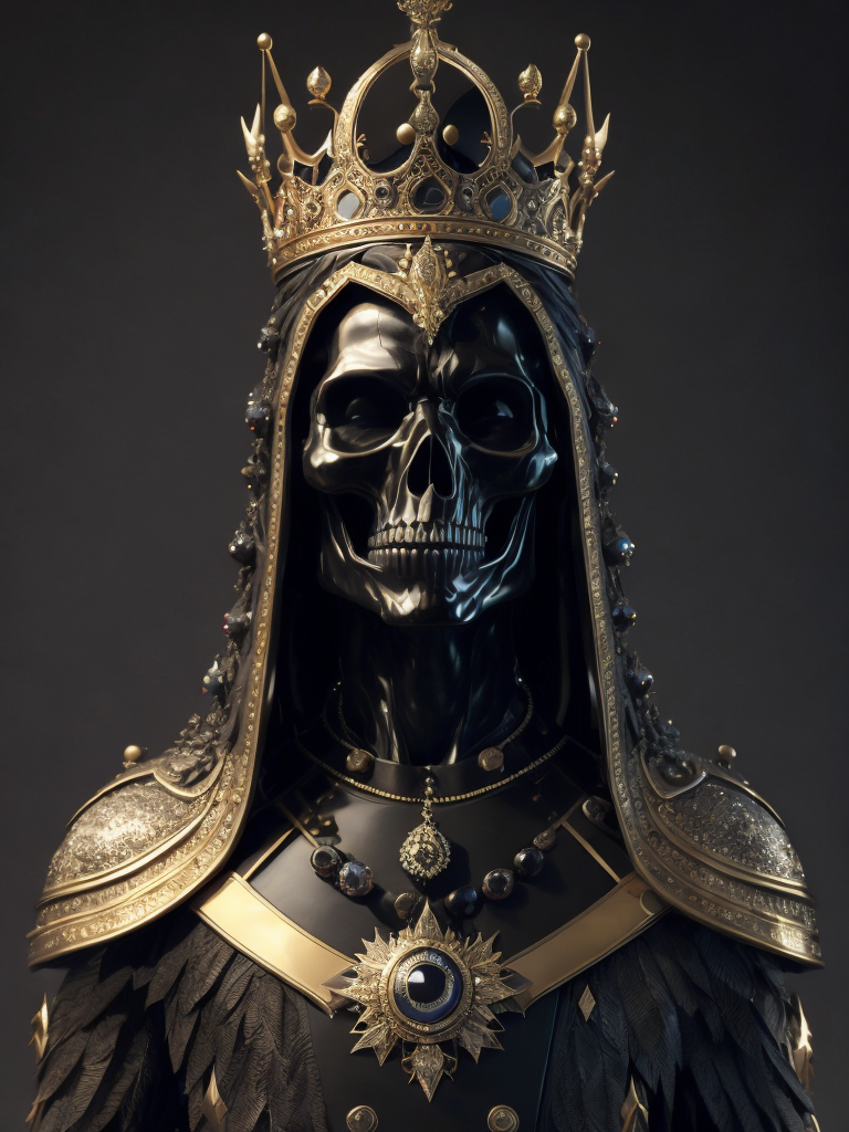 full body obsidian sculpture of the ruler of the dead and the underground, made of all black materials, reflective black obsidian bones, bejeweled armour and crown, sharp, extremely detailed, extremely intricate, volumetric lighting, photorealistic, 8k
