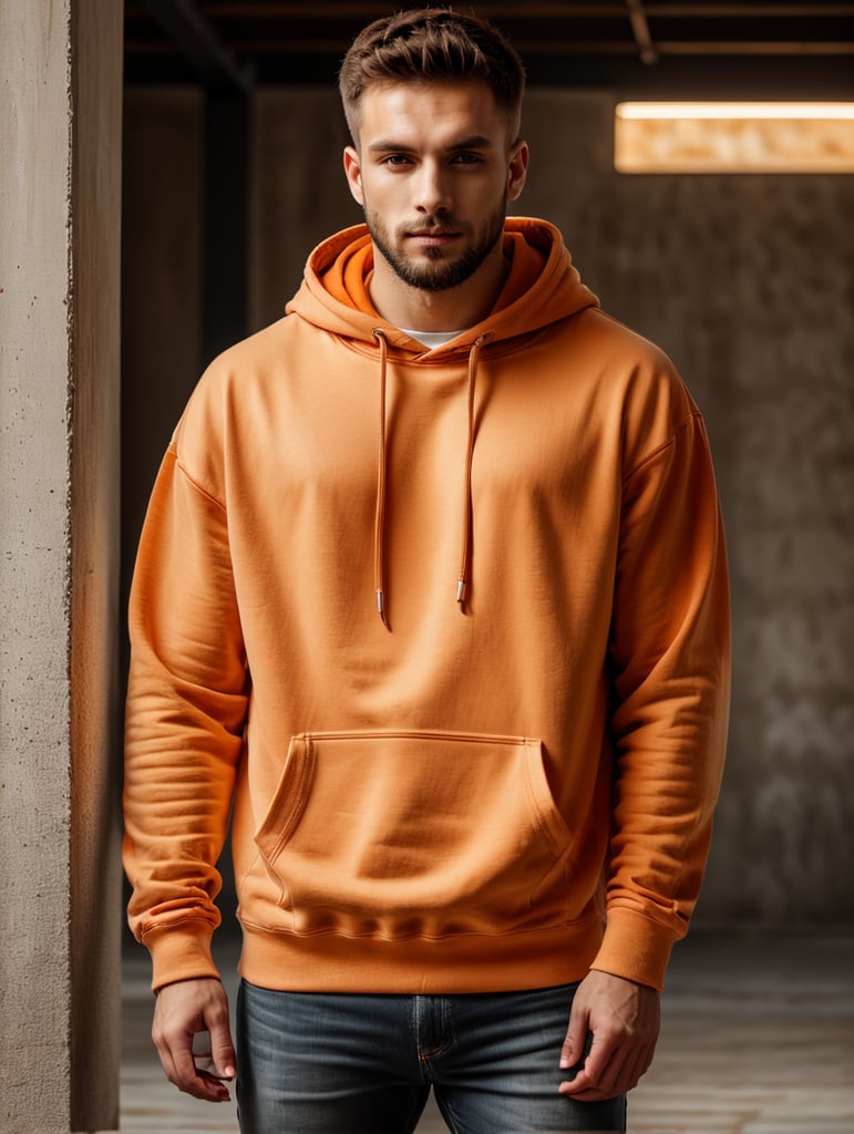 drop shoulder orange vintage washed hoodie without drawstrings blank mockup, laying on a concrete floor