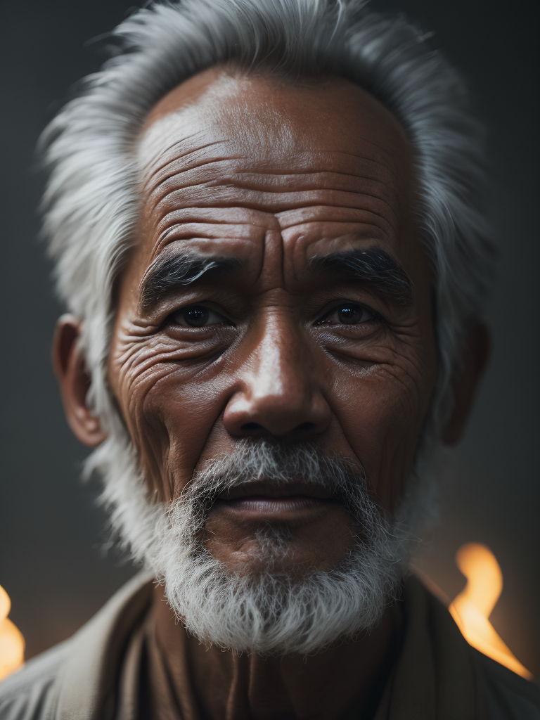 A close-up of a Vietnamese old man's face, illuminated by the light of a fire, with a backdrop of a dirty river and a shanty town.