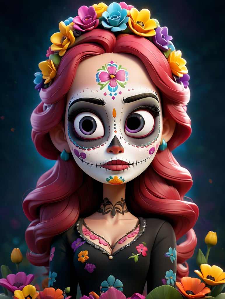 santa madre Portrait of a girl with sugar skull makeup dia de los muertos praying, front view with a vail over her head with a colorful flower crown, a small cruz in the middle of the flowers and with no background