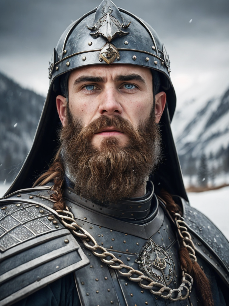 Portrait of a medieval Slavic warrior with a beard, wearing a helmet and chain mail, gray-blue eyes, a face stained with blood, against the backdrop of a winter landscape