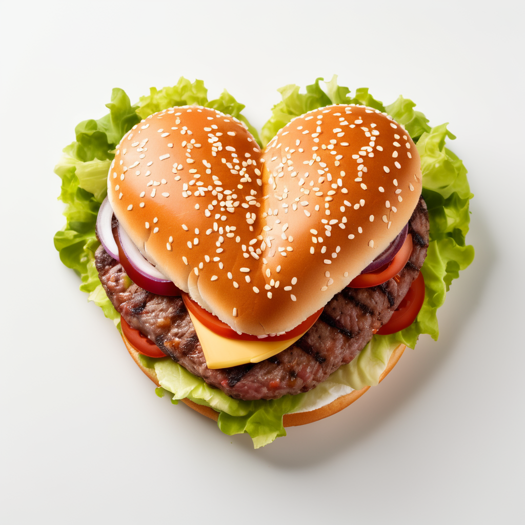 burger heart shaped, white background