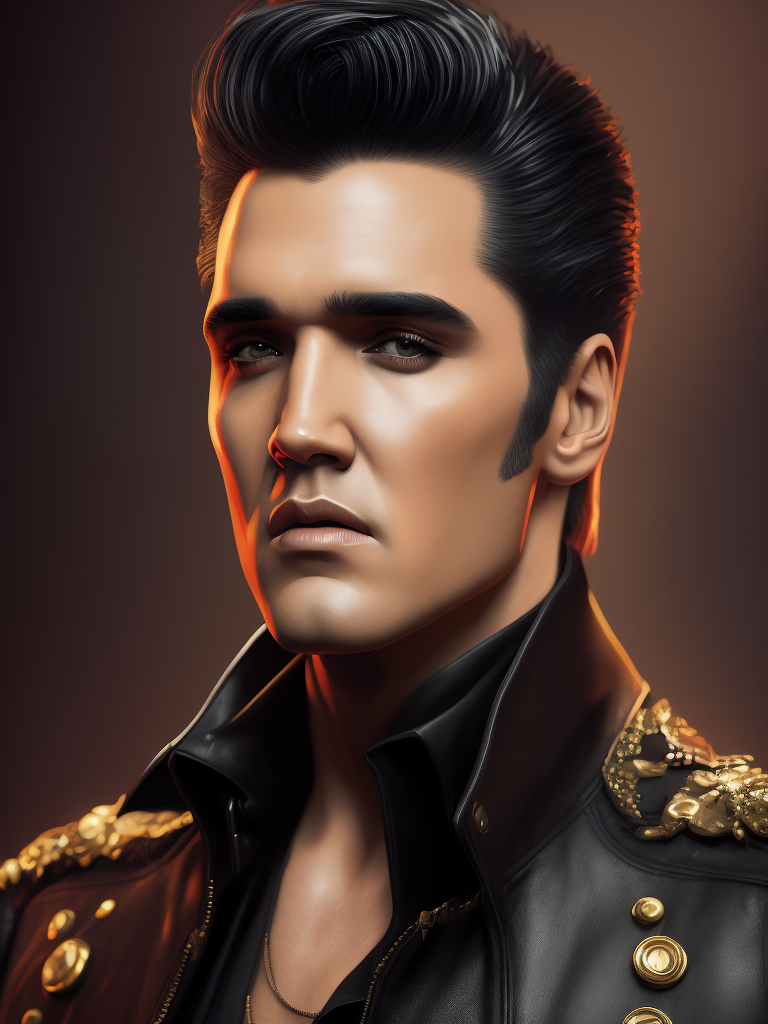 Portrait of Elvis Presley wearing a black leather jacket, studio photo, professional photo, Bright and rich colors, Detailed image, detailed face