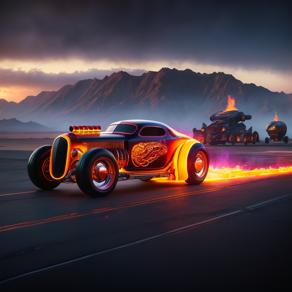 future spaceship cyberpunk hot rod with dramatic fire in back, neon lights, no wheels, nothing in background