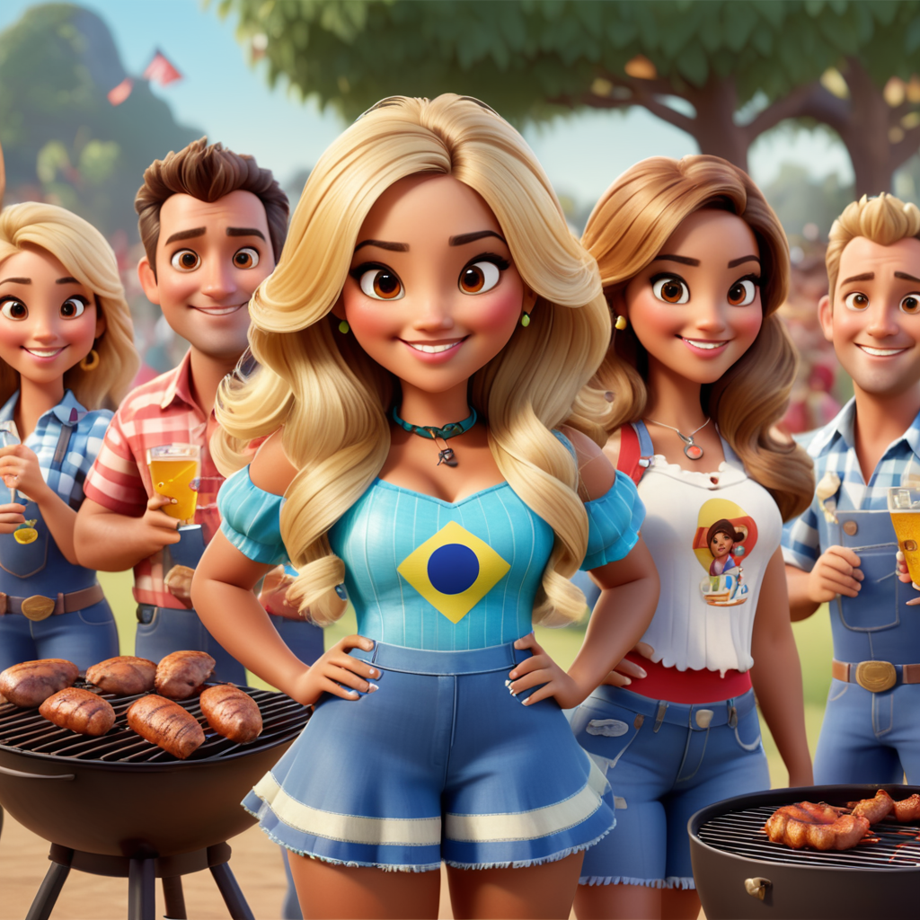 Disney Pixar style,Camila, brazilian, 35 years old blond hair,brown eyes in a poll party with barbecue, cheers with friends and a country duo playing song
