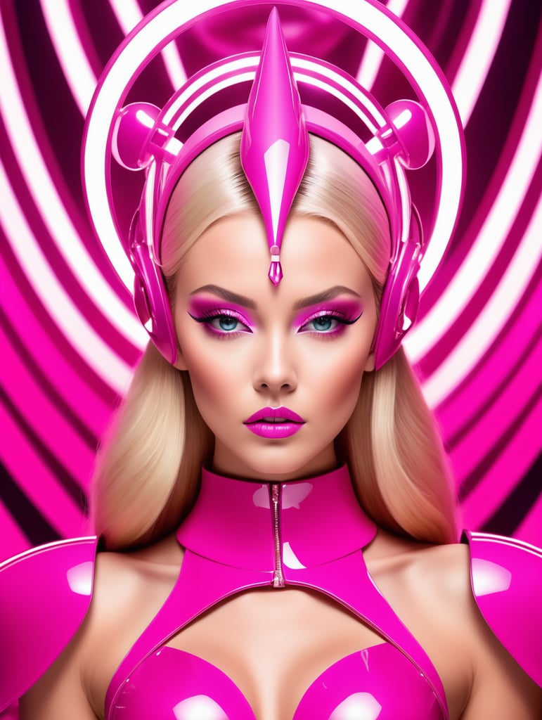 A beautiful blonde female pop artist all pink sleek futuristic outfit, with huge headpiece center piece, clean makeup, with depth of field, fantastical edgy and regal themed outfit, captured in vivid colors, embodying the essence of fantasy, minimalist