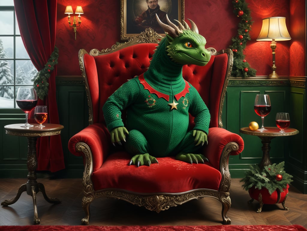 Green Draco seating on a red velour sofa. Draco wear a red christmas sweater.Draco wear a glasses and has a glass of red wine. It has a christmas interior. A backside wall has a picture with Poutin's portrait