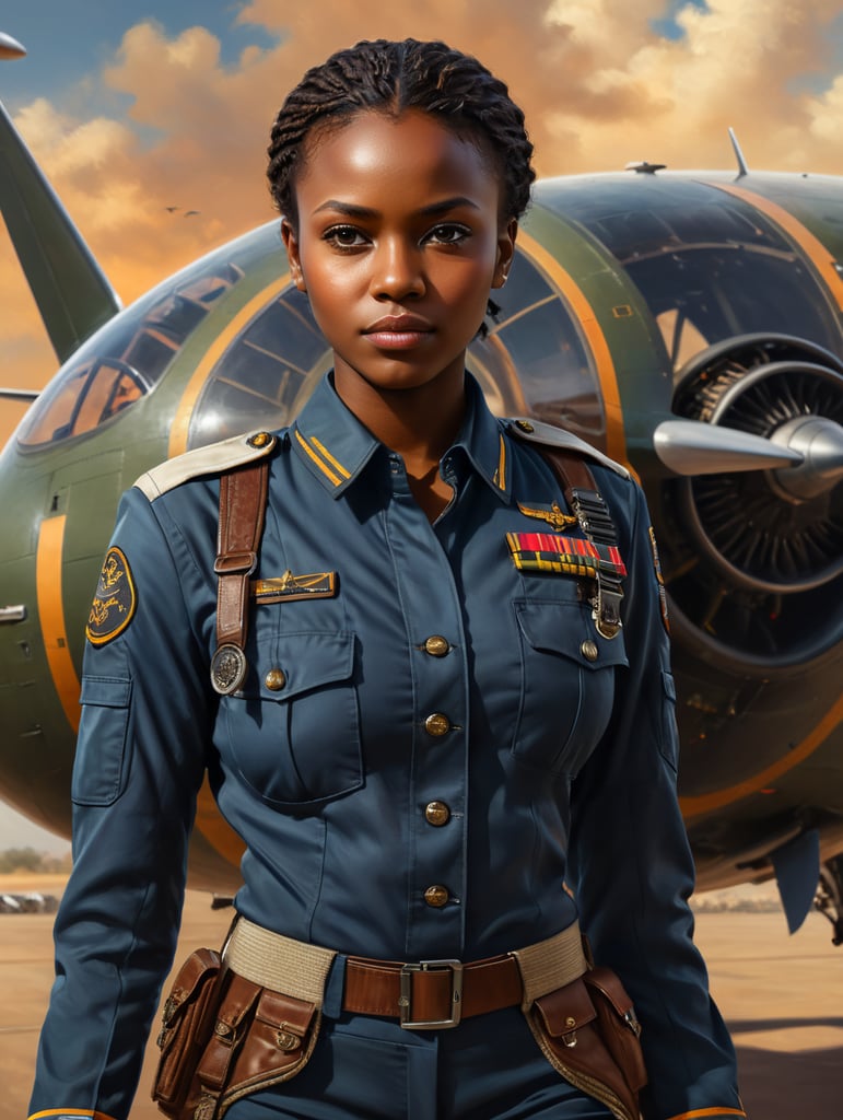 young african woman, pilot, in uniform, smart, full body, modern, solid background, front side, executive, friendly face