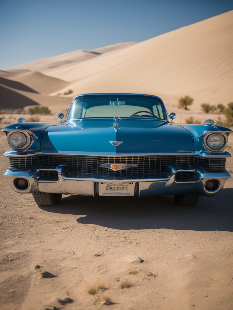 Blue cadillac eldorado 1959 in the desert, dunes on the background, Sunny day, Bright and rich colors, Detailed image
