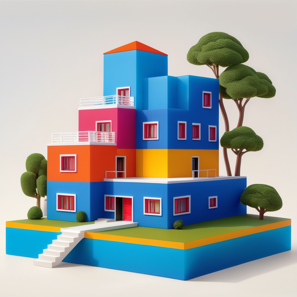 Vinil toy para Niño de 5 años xd una casa inspirada en la arquitectura de Luis Barragán y las pinturas de Escher con colores vibrantes colocado como si fuera una obra de arte contemporáneo. Encapsulado en resina.