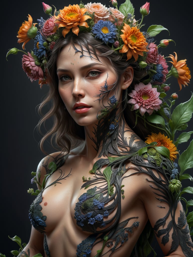 Woman with flowers growing out of skin