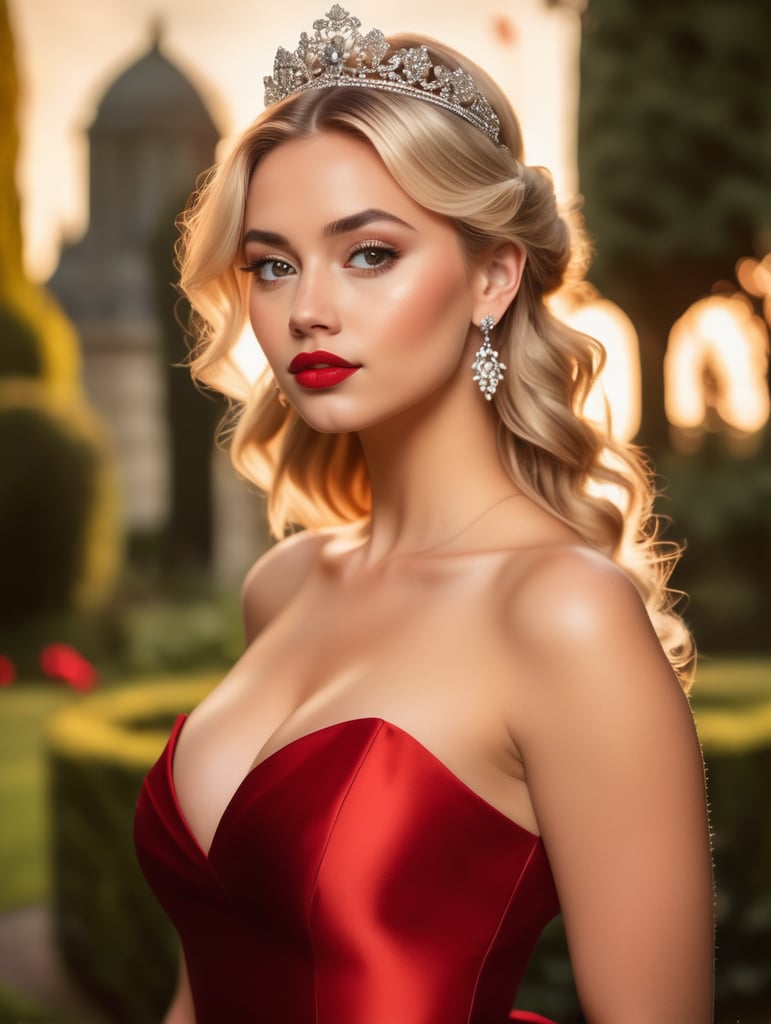 A full-body 8k image of a beautiful 22 year old princess, medium bust, blonde hair in a messy bun, wearing a red satin long and tight dress and a crown, red heels, diamond earrings, red lipstick, standing in the gardens of an English palace at sunset, dramatic lighting, blurred background