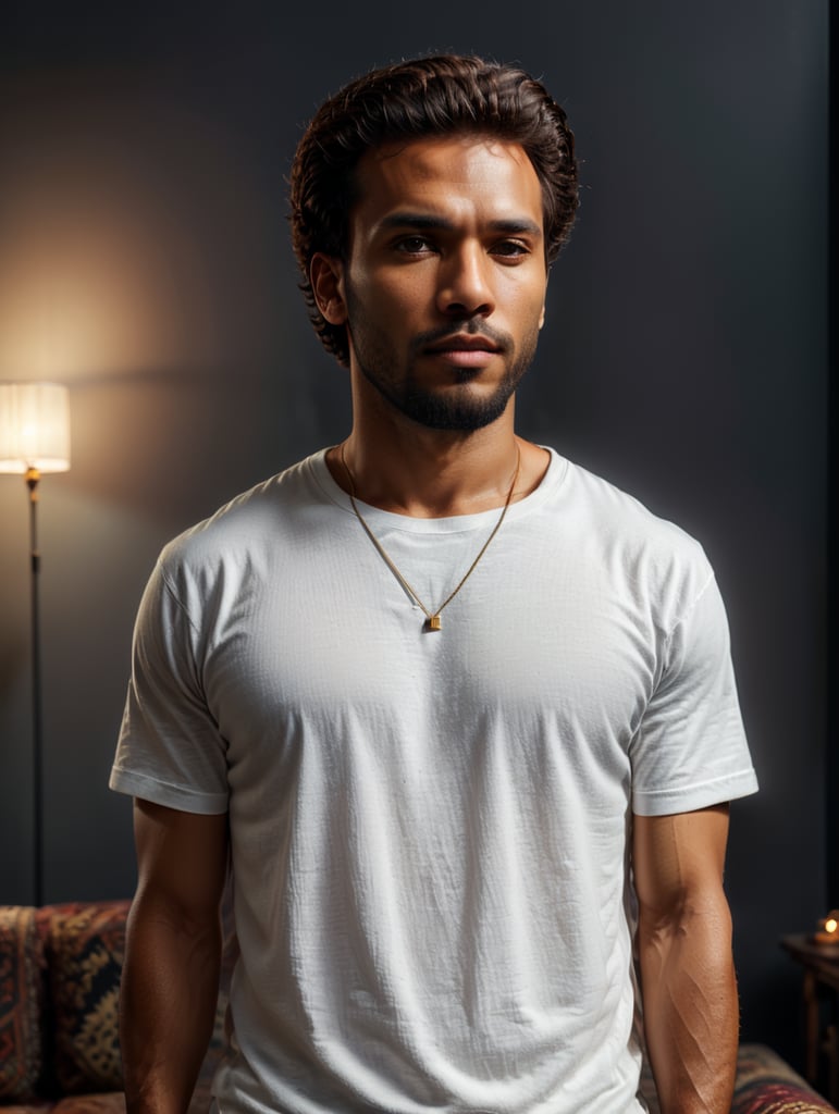 make me high definition - 4k a mixed race man, with body shot angle facing front to the camera, wearing oversized heavy cotton a flat MOCK UP white blank t shirt in bright warm tone studio photoshoot and aesthetic color vintage paintings, rugs, sofa on background