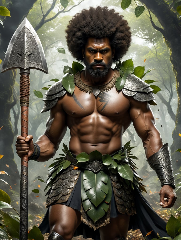 Afro hair Fijian man warrior holding a war club and wearing a skirt made ouf of leaves.