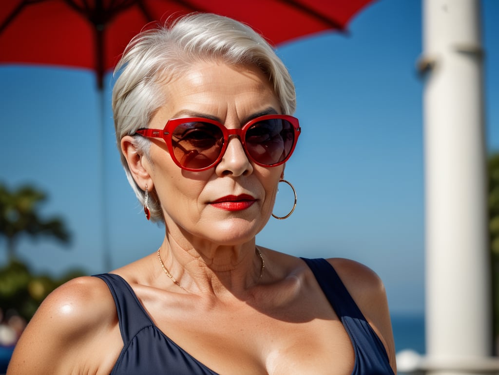 A portrait of a beautiful English older woman with white platinum short hair and big sunglasses, dressed all red, blue background, big cleavage, glamorous London portrait, highly realistic, women designer, very fashionable, colourful