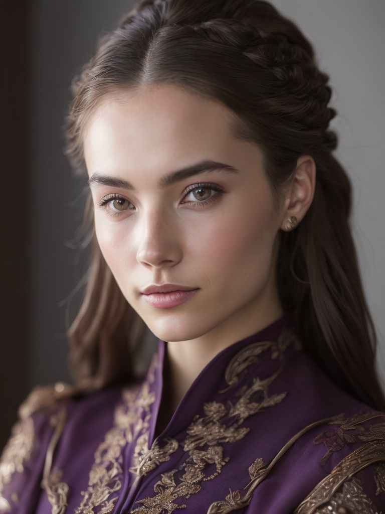 Portrait of a young queen with long wine color braided hair, royal guard purple outfit, elegant, highly detailed, digital painting, artstation, concept art, smooth, illustration, oval face, art by helena nikulina