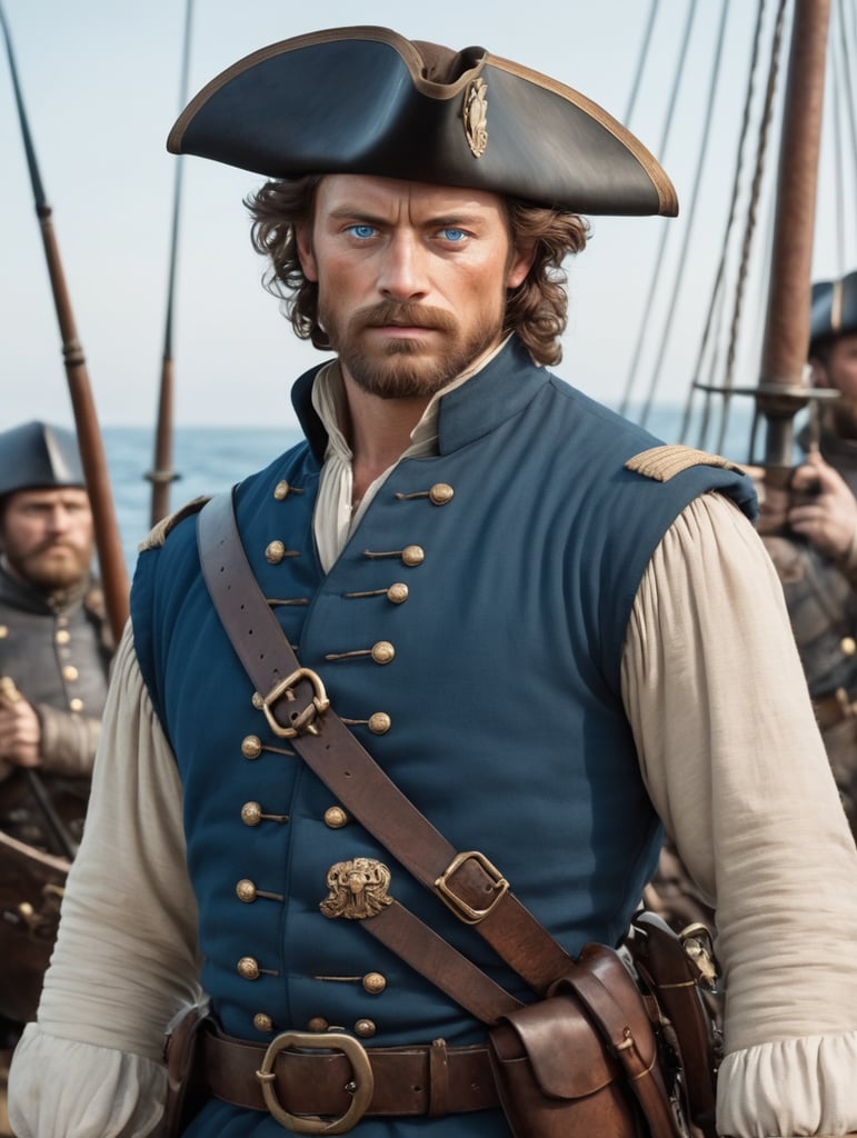 15th century privateer, captain, english, human, brown hair, blue eyes