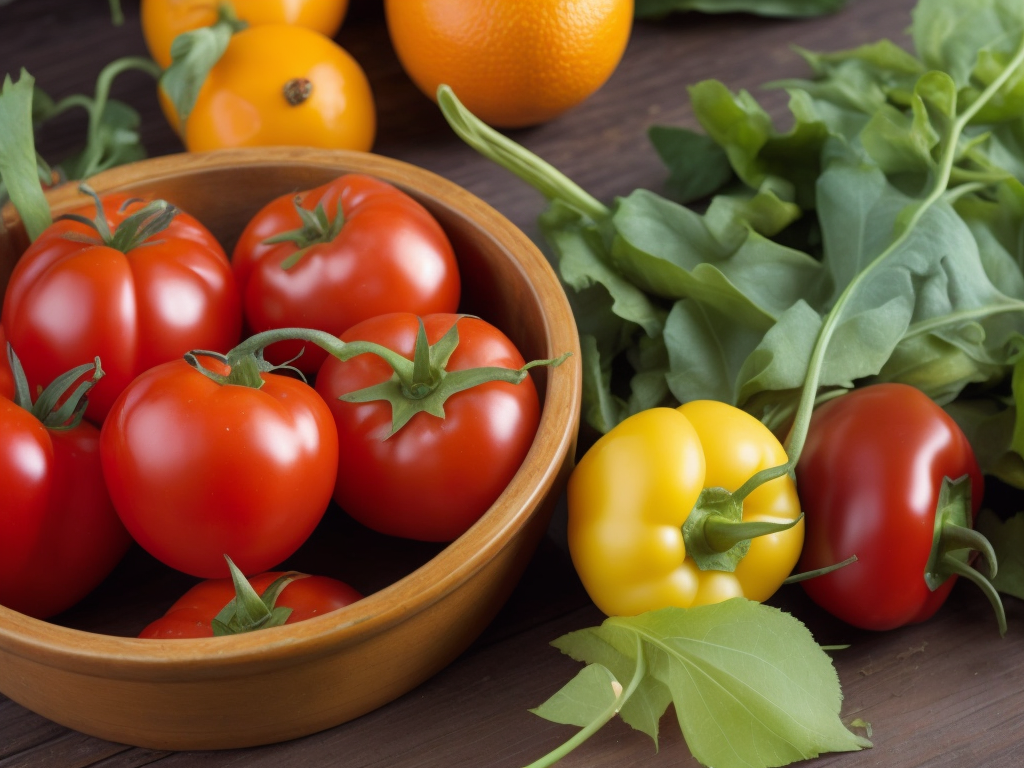 a bowl of tomatoes, peppers, and oranges on a table with greens and oranges in the background, a stock photo, incoherents, Arcimboldo, professional food photography