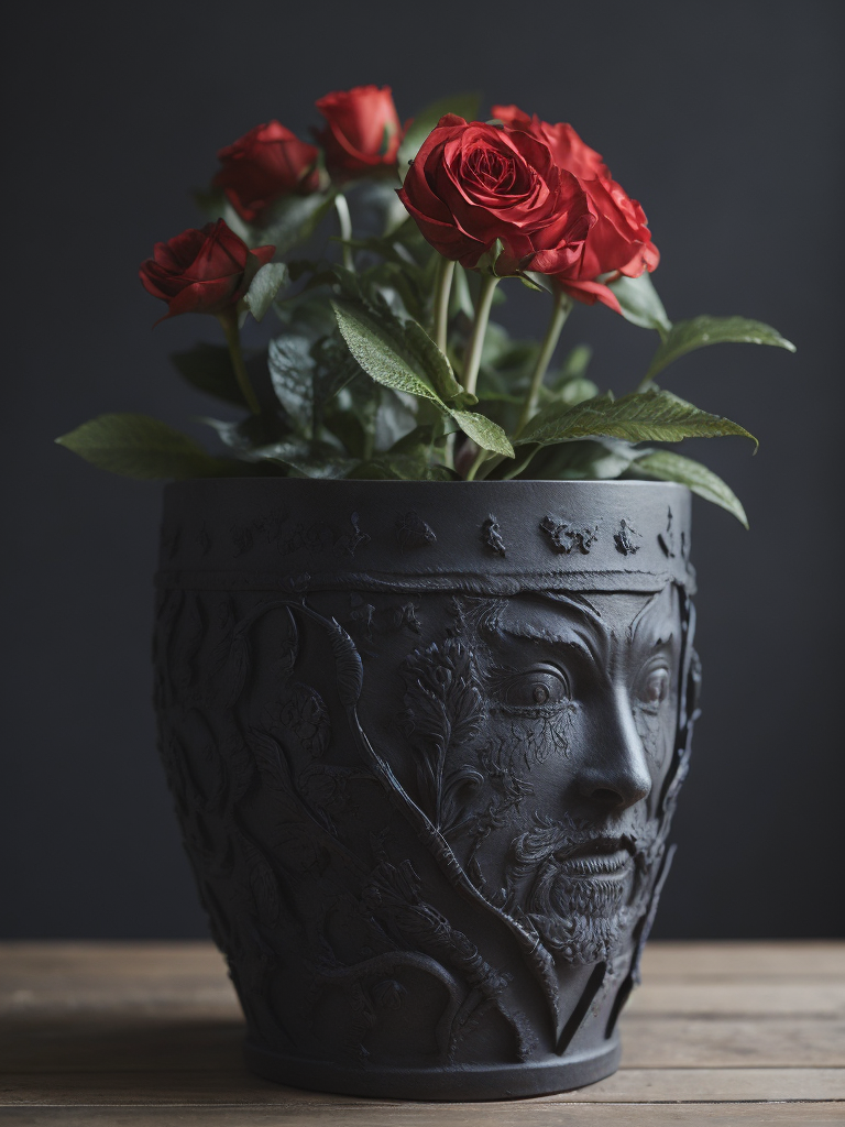 super hero flower pot, deep carved black clay, dark atbosphere