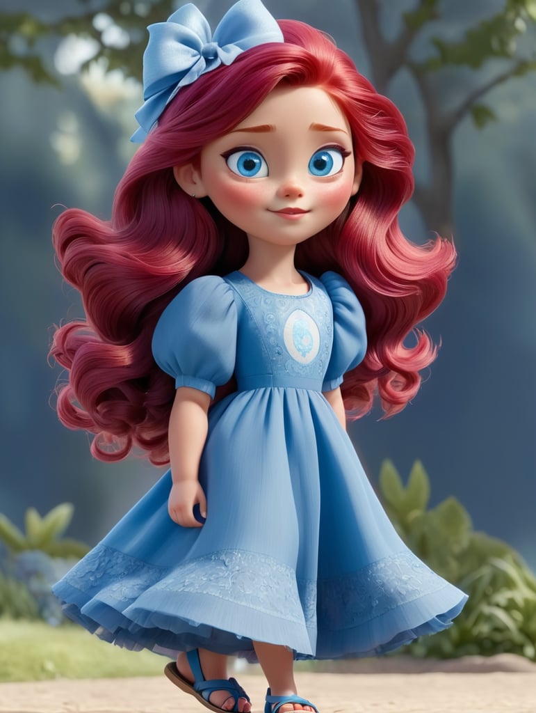 Crimson hair and blue eyes and light lips and soft face and wearing a blue frock reaching till her kness and light sandals and good shapped full body