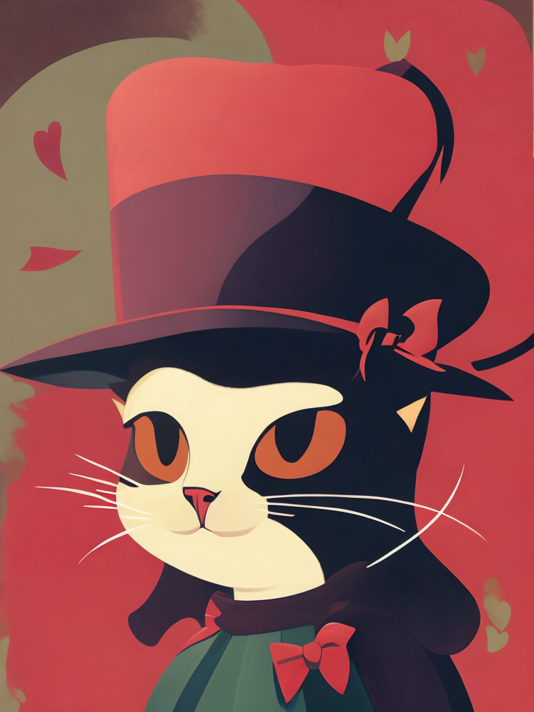 a young pink cat, wearing a hat, Illustration, Disney, USA, style of Mary Blair