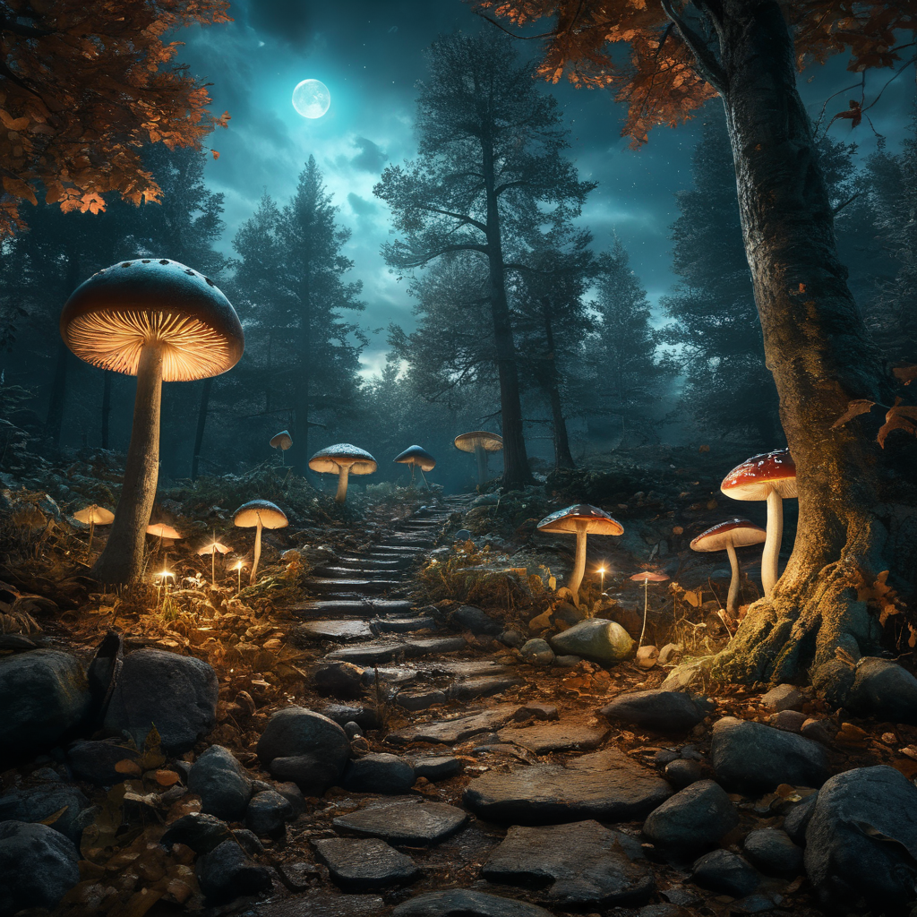 a breathtaking photograph of a dark autumn night scene featuring mystic nordic landscape of a serene forest and magic mushrooms:: blue, cyan::2, inspired by the works of National Geographic and Magnum photographers, captured with a wide-angle lens from a high vantage point::2, highlighting the dark hues and shadows of moon::2