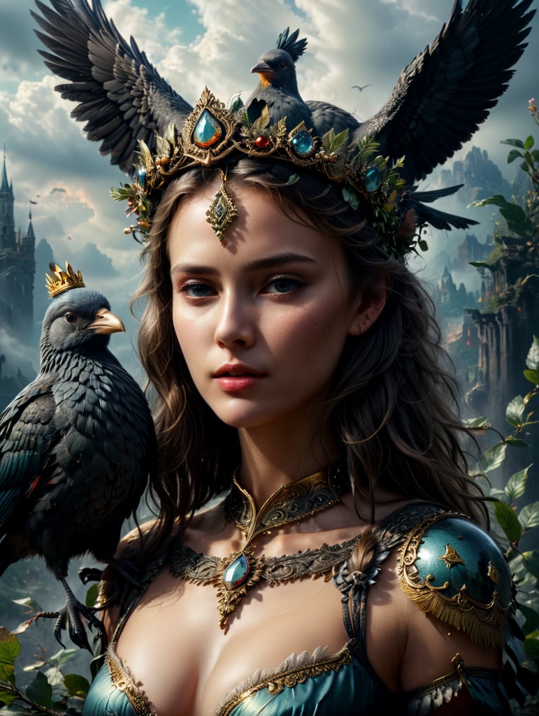 Illustration from a Russian fairy tale, a beautiful girl with the body of a bird and a crown on her head