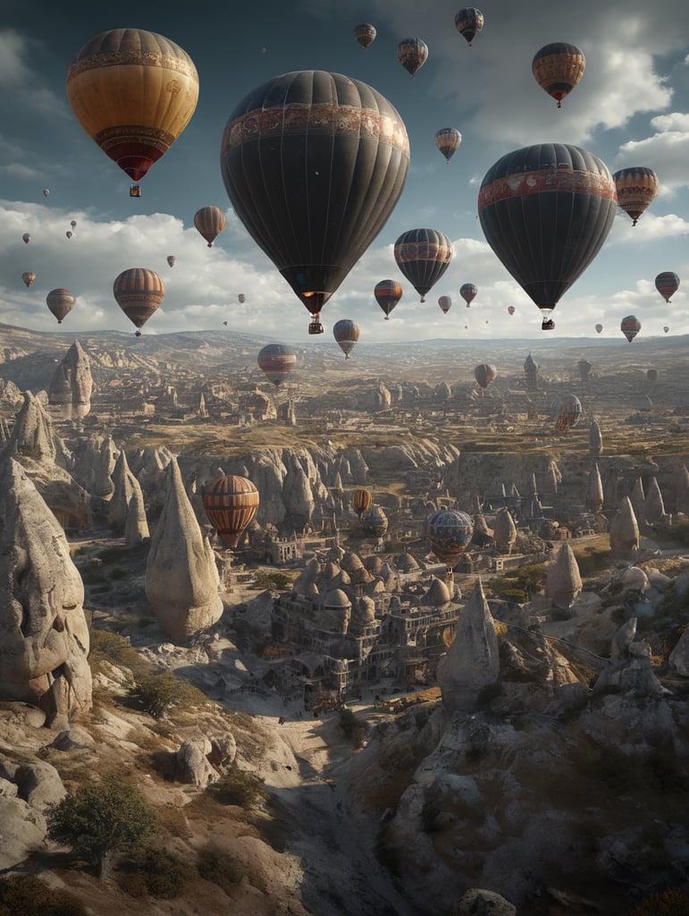 Turkish flying ballons in cappadocian sci-fi